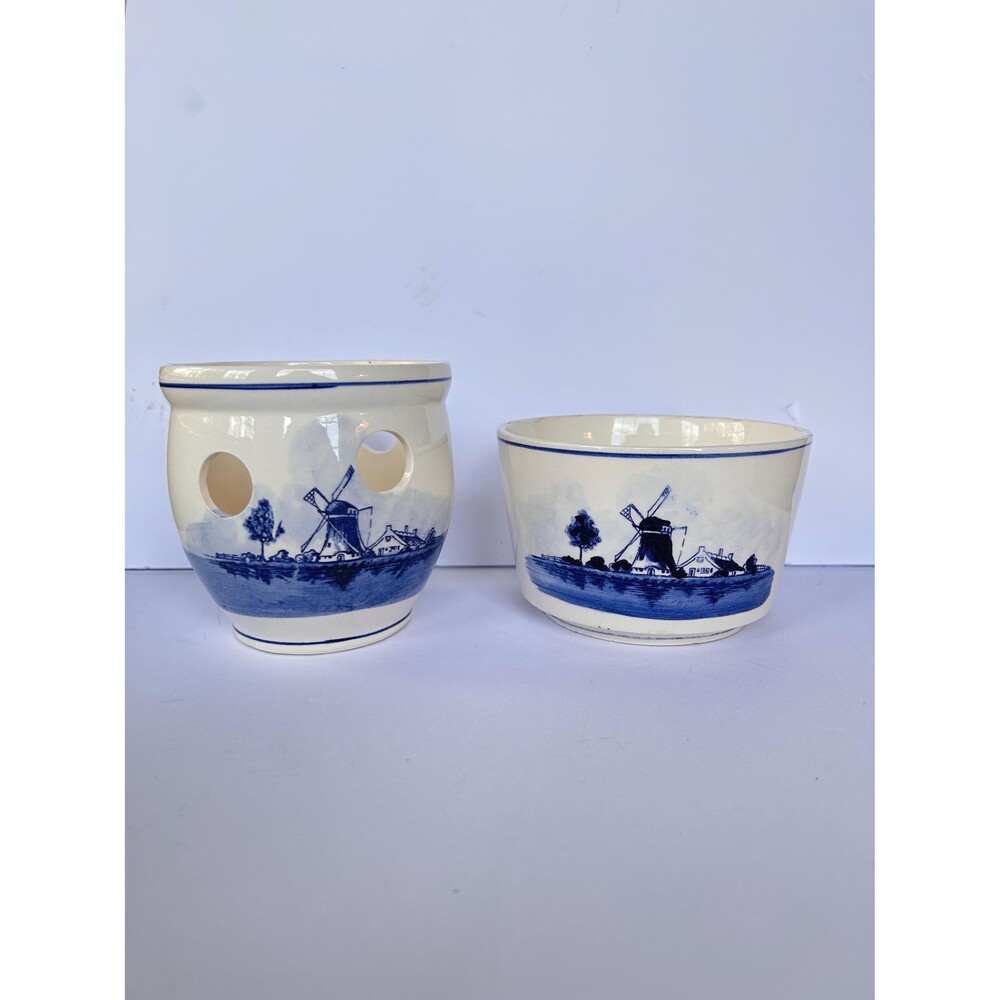Vintage Delft Style Blue and White Planter Set